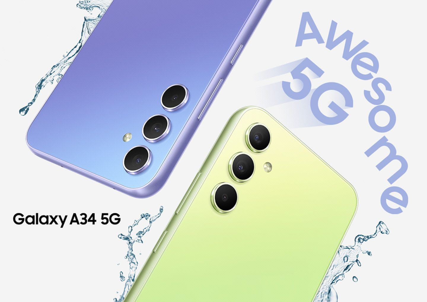 Samsung Galaxy A34 5G, chytrý telefón, vlajková loď 6,5-palcový displej AMOLED obnovovacia frekvencia stabilizácia obrazu štyri fotoaparáty najrýchlejšie 5G pripojenie 5G internet podpora najrýchlejšieho pripojenia Gorilla Glass IP67 NFC