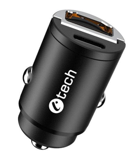 C-Tech Nabíjačka USB do auta UCC-02, 1x Type C + 1x Type A, 30W, Power delivery 3.0, Quick Charge