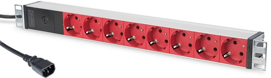 Assmann DIGITUS 1U Hliníkové PDU, do stojana, 8x červený CEE 7/7 10A zástrčka, 250VAC 50/60 Hz, Prípoj C14