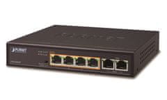 Planet FSD-604HP, PoE switch 4x PoE 802.3at 60W+ 2x 100Base-TX, VLAN, extend mód 10Mb/s do 250m, fanless, ESD