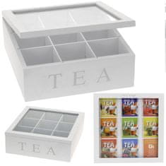Excellent Houseware Drevená Krabička Na Čaj Tea Box 9 Priehradiek Štvorec White