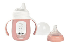 Béaba Dojčenská fľaša sklenená 2v1 210ml so silikónovou ochranou Pink