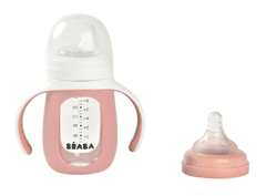 Béaba Dojčenská fľaša sklenená 2v1 210ml so silikónovou ochranou Pink