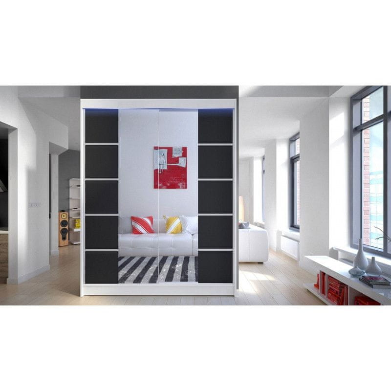 Veneti Zrkadlová šatníková skriňa 150 cm s posuvnými dverami a LED osvetlením PIRITU 5 - biela / čierna