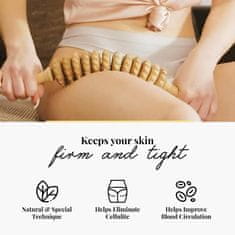SOLFIT® Drevený zakrivený masážny valec s rukoväťou, masážny prístroj proti celulitíde, valčeky na maderoterapie SPULI