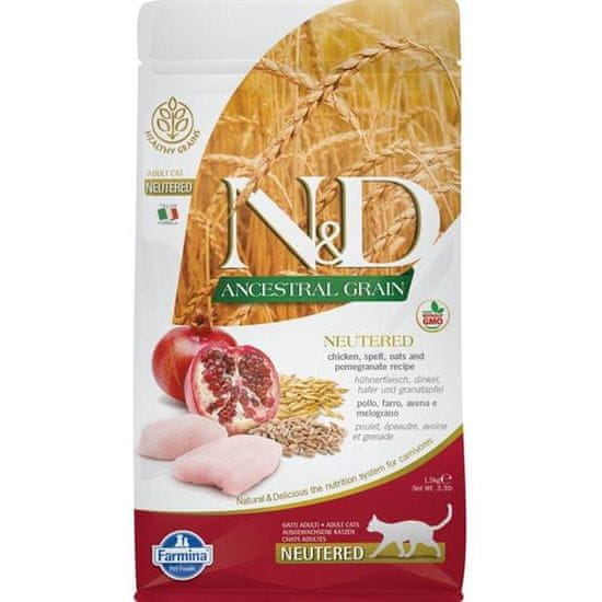 N&D ANCESTRAL GRAIN Cat LG Chicken, Spelt, Oats & Granátové jablko Neutered Adult 5 kg