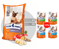 Club4Paws Premium 14kg Indoor 4 in 1 pre dospelé mačky žijúce v byte + 1x set Club4Paws s kuracim mäsom a lososem 340g