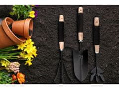 Sada kovových záhradných nástrojov: lopatka, vidly, motyka 
