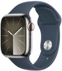 Apple Watch Series 9, Cellular, 41 mm, Silver Stainless Steel, Storm Blue Sport Band - S/M (MRJ23QC/A)