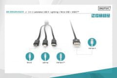 Digitus USB nabíjací kábel, 3 v 1, USB A - Lightning+mikro B+Type-C 1m, kábel, bavlna, CE, bl