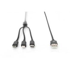 Digitus USB nabíjací kábel, 3 v 1, USB A - Lightning+mikro B+Type-C 1m, kábel, bavlna, CE, bl