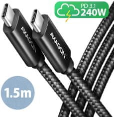 AXAGON kábel USB-C - USB-C, 240W 5A, ALU, opletený, 1,5m, čierna