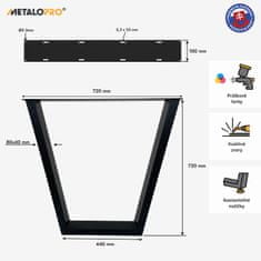 MetaloPro 2x Stolové nohy kovové, stabilné stolové podnože, stolové nohy čierne, stolové podnože do jedálne, Kovové nohy, Výška 72 cm