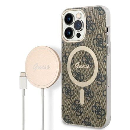 Guess Kryt na mobil 4G MagSafe na Apple iPhone 14 Pro Max + bezdrátová nabíječka - hnědý