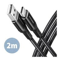 AXAGON BUCM-AM20AB, HQ kábel USB-C <-> USB-A, 2m, USB 2.0, 3A, ALU, oplet, čierny