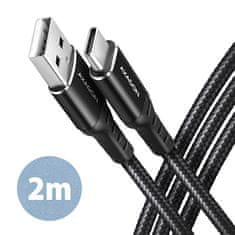 AXAGON BUCM-AM20AB, HQ kábel USB-C <-> USB-A, 2m, USB 2.0, 3A, ALU, oplet, čierny