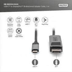 Digitus 8K @ 30Hz. USB typu C na DP; káblový adaptér HBR3; hliníkový kryt; Čierna 1m