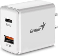Genius nabíječka PD-20AC, 20W, rychlé nabíjení, USB-C PD3.0, USB-A QC3.0, bílá