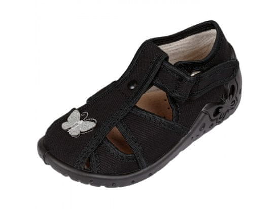 Zetpol Čierne detské papuče s koženou vložkou, papuče pre dievča s motýľkom Tosia ZETPOL