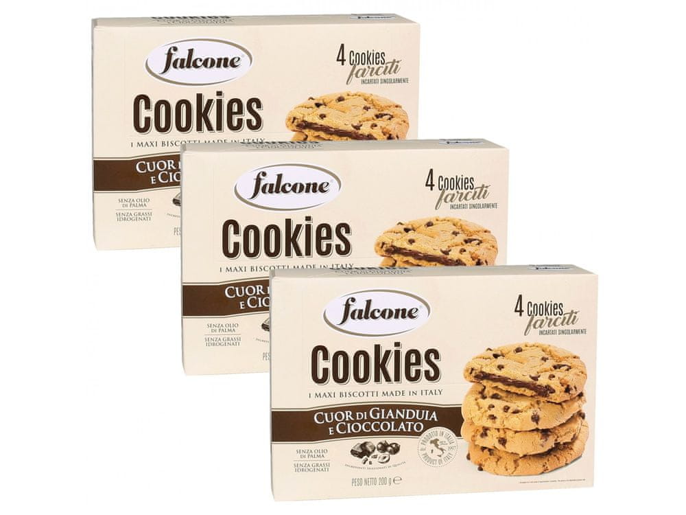 Falcone FALCONE Cookies - Sušienky s kúskami mliečnej čokolády plnené krémom z lieskovcov 200g 3 paczki