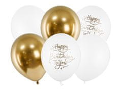 WOWO Narodeninové Balóny Happy Birthday To You - Zlaté a Biele, 30cm, Balenie 6ks
