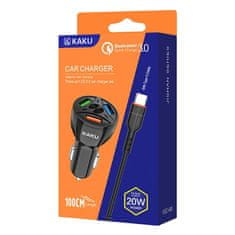 Kaku Car Charger autonabíjačka 3xUSB QC 4.8A 20W + USB-C kábel, čierna