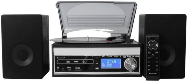 dizajnovo veľmi podarený gramofón s 3 rýchlosťami prehrávania dosiek soundmaster MCD1820SW usb výstup pre digitalizáciu dosiek aux in vstup reproduktory sd slot cd prehrávač kazetový prehrávač slúchadlový výstup