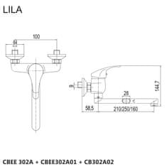 Mereo Lila drezová batéria nástenná 100 mm s ramienkom plochým rovným 210 mm M-CBEE302A - Mereo
