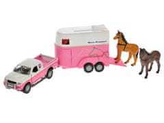 Kids Globe Kone Mitsubishi Pajero ružový 13 cm kovový spätný chod s prívesom pre kone v krabici