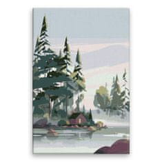 Malujsi Maľovanie podľa čísel - Drevená chata pri rybníku - 40x60 cm, bez dreveného rámu