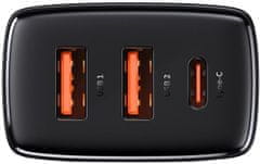BASEUS rychlonabíjecí adaptér, 2x USB-A, 1x USB-C, 30W, čierna