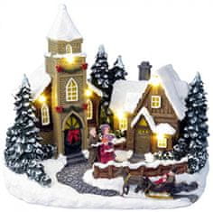 MAGIC HOME Vianočný domček, 6 LED teplá biela, s melódiami, polyresin, 3xAA, interiér, 19,50x12,80x18 cm