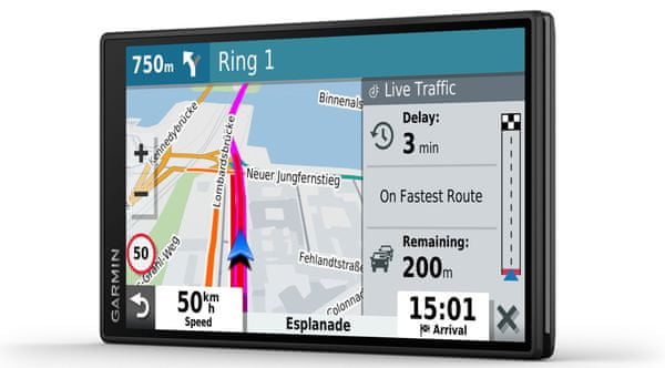 GPS navigácia Garmin Drive 55 5,5-palcový dotykový displej svetové mapy rýchlejšia doživotná aktualizácia máp vysoké rozlíšenie učenie návykov slot na pamäťové karty microSD karta predpoveď ciele jazdné návyky upozornenie na zjazd a križovatky držiak výkonná navigácia do auta výkonná automobilová navigácia dlhá výdrž batéria jasný displej WiFi Bluetooth sprievodná aplikácia