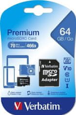 VERBATIM SDXC 64GB micro pamäťová karta PREMIUM UHS-I (U1) (70MB/s), V10, Class 10 + adaptér