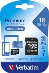 VERBATIM SDHC 16GB micro pamäťová karta PREMIUM UHS-I (U1) (45MB/s), V10, Class 10 + adaptér
