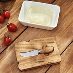 Homla Porcelánová miska na maslo MOOKA s nožom a akáciovým vekom biela 11x16 cm