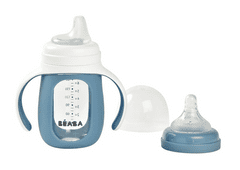 Béaba Dojčenská fľaša sklenená 2v1 210ml so silikónovou ochranou Blue