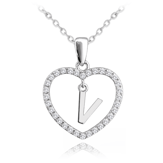MINET Strieborný náhrdelník písmeno v srdci "V" so zirkónmi