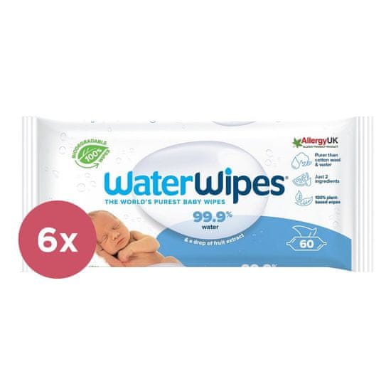WaterWipes 6x Vlhčené obrúsky bez obsahu plastov 60 ks ( 360 ks )