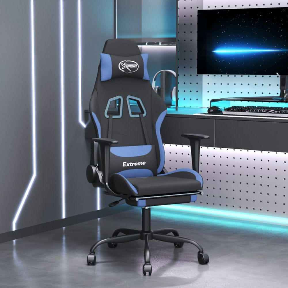 Vidaxl Herná masážna stolička s podnožkou čierna a modrá látková