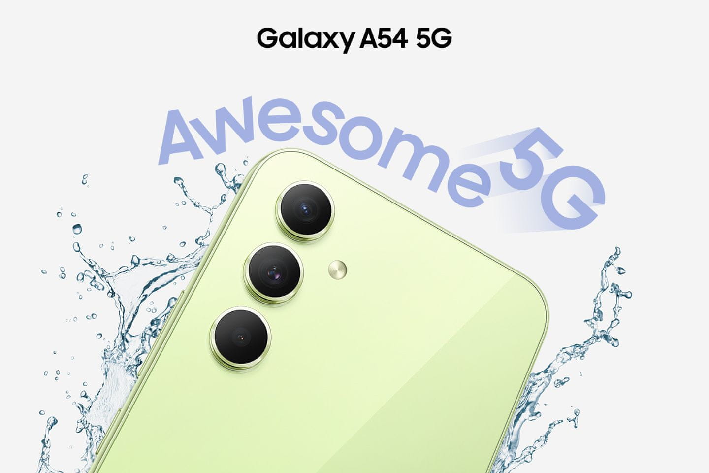 Samsung Galaxy A54 5G, smart telefón, vlajková loď 6,5-palcový displej AMOLED obnovovacia frekvencia stabilizácia obrazu štyri fotoaparáty najrýchlejšie 5G pripojenie 5G internet podpora najrýchlejšieho pripojenia Gorilla Glass IP67 NFC