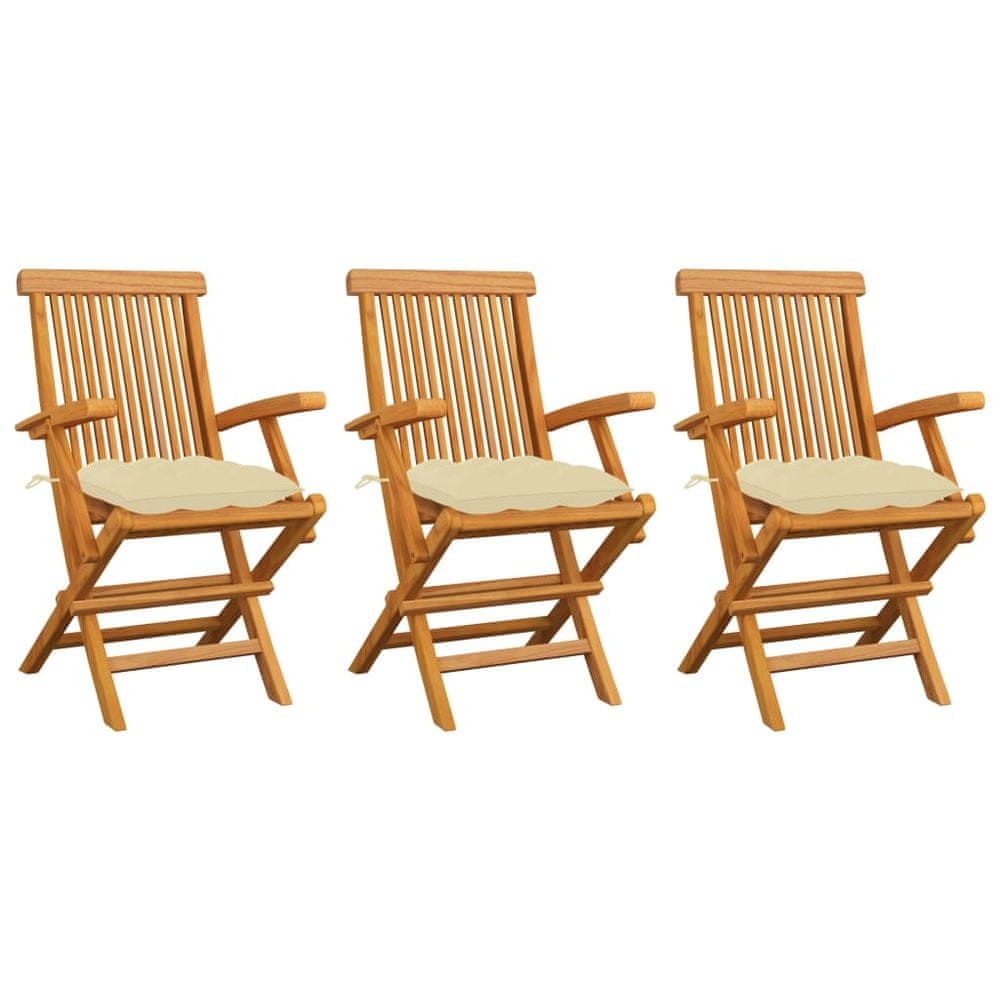 Petromila vidaXL Záhradné stoličky s krémovo-bielymi podložkami 3 ks tíkový masív