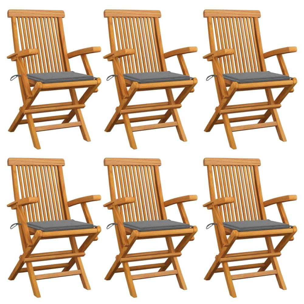 Vidaxl Záhradné stoličky, sivé podložky 6 ks, tíkový masív