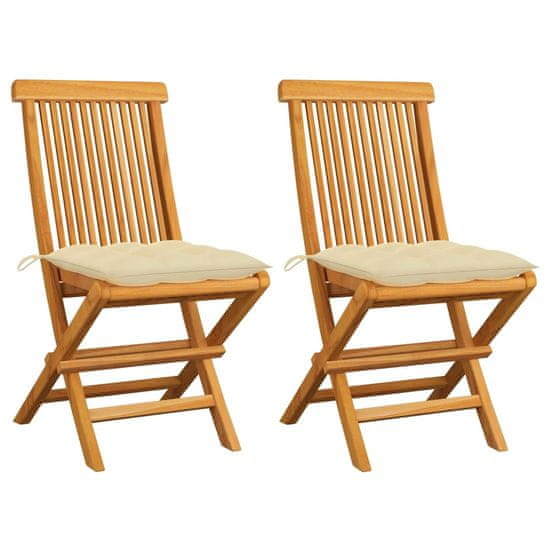 Vidaxl Záhradné stoličky s krémovobielymi podložkami 2 ks teakový masív