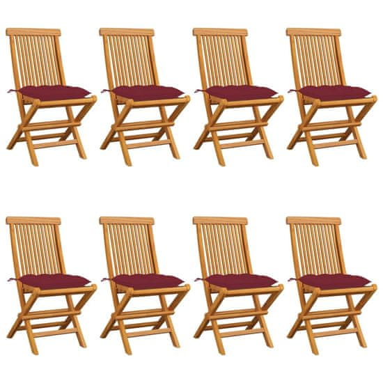 Vidaxl Záhradné stoličky s vínovo-červenými podložkami 8 ks tíkový masív
