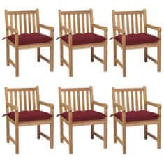 Vidaxl Záhradné stoličky 6ks s vínovočervenými podložkami tíkový masív