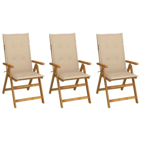 Vidaxl Skladacie záhradné stoličky s podložkami 3 ks akáciový masív