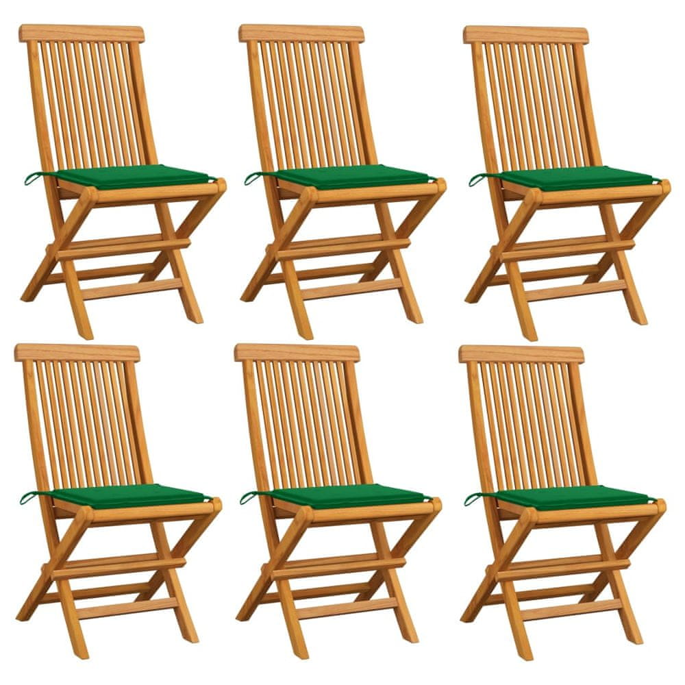 Vidaxl Záhradné stoličky, zelené podložky 6 ks, tíkový masív