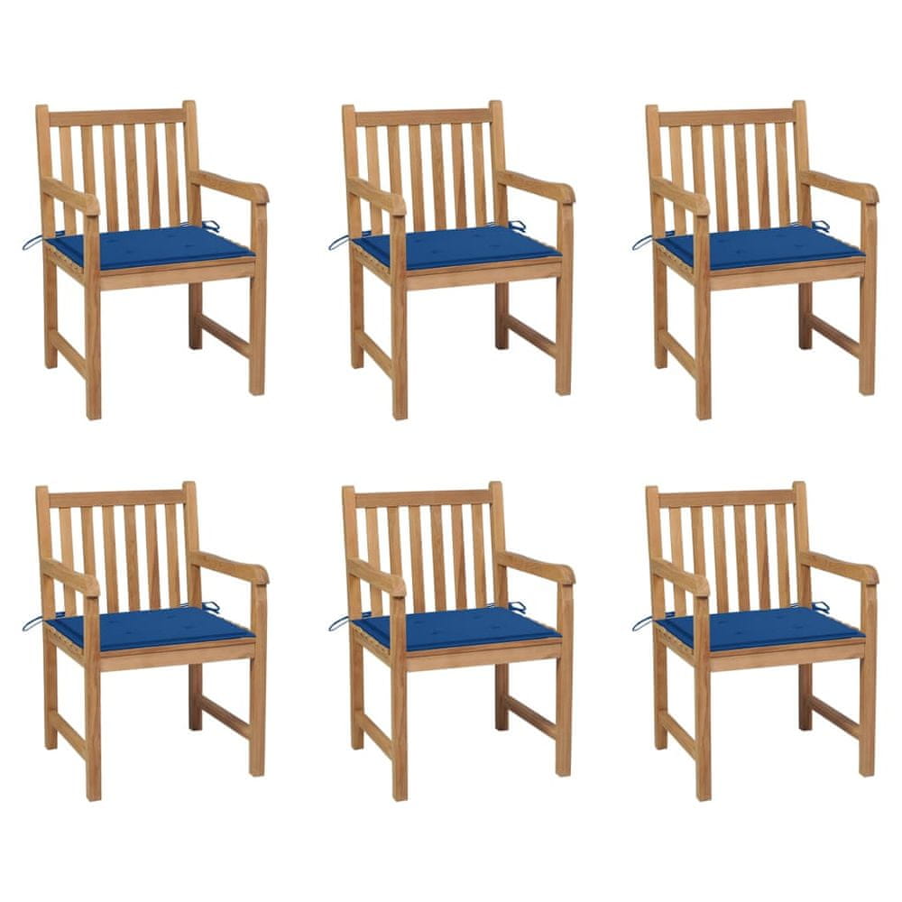 Vidaxl Záhradné stoličky 6 ks s kráľovsky modrými podložkami tíkový masív