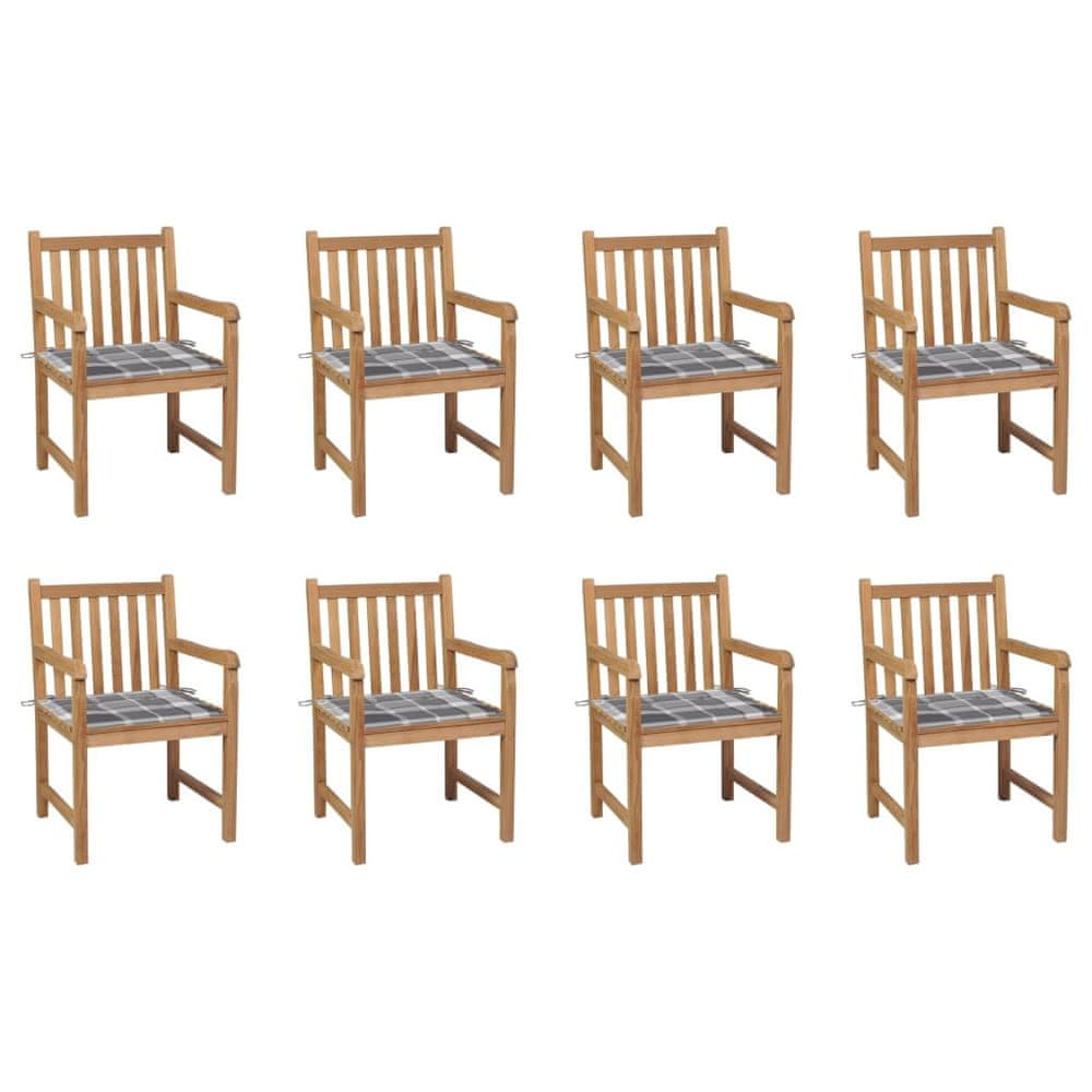 Petromila vidaXL Záhradné stoličky 8 ks, sivé kockované podložky, tíkový masív